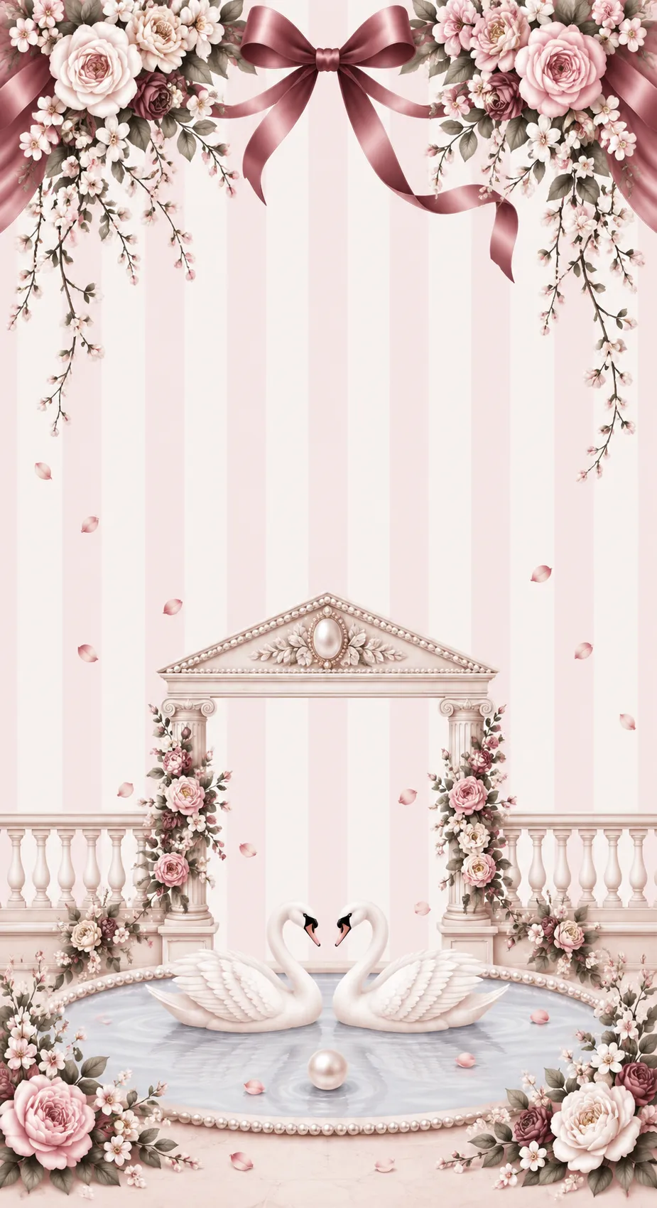 Two swans in a fountain under a garland of roses